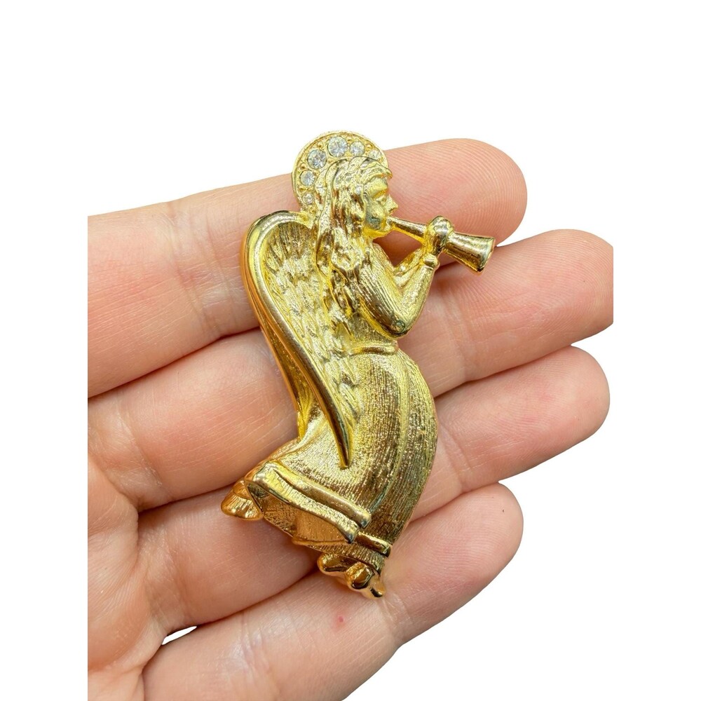 Vintage Gold Tone Angel with Horn Brooch Angel with Trumpet Pin